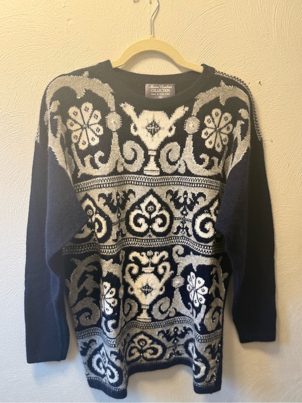 Vintage Lambswool Angora Rabbit Hair Navy Geometric Fair Isle Nordic Sweater XL - Picture 2 of 5